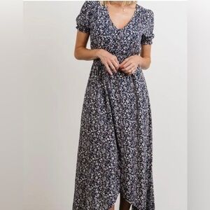 NWT Baltic Born Robyn Maxi Dress 2XL Navy Blue Floral Asymmetrical Hem Smocking